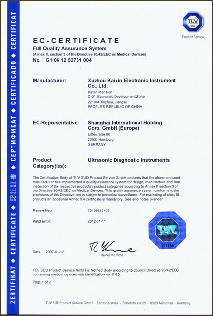 Сертификат TUV SUD - технологическое качество и безопасность продукции KAIXIN (2007 г)